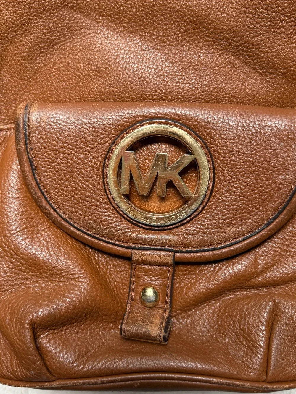 Michael Kors Cognac Brown Leather Shoulder Bag with Gold Logo